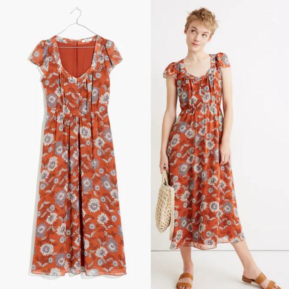 Madewell Sheer Sleeve button front midi dress in gathered blooms - Picture 1 of 9
